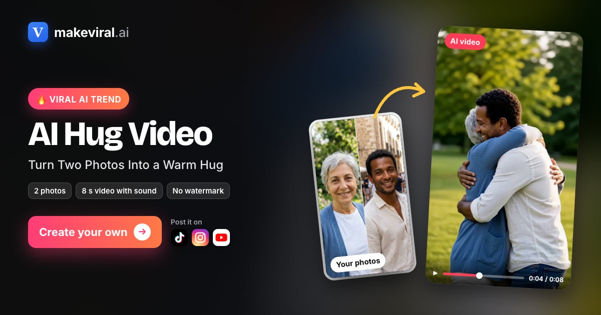 AI Hug AI result preview — Two people who could not be in the same room finally hug — from two photos.